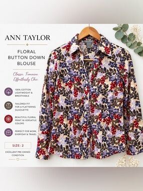 Ann Taylor Floral Button Down Blouse Size 2 Cotton Long Sleeve Top